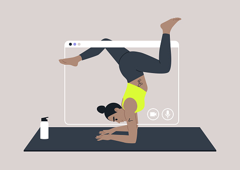 A young female character participating in a yoga vinyasa online workshop, a workout designed to improve strength, balance, and flexibility
