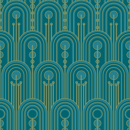Vintage Art Deco Geometric Design With Teal Arches And Godden Line Details.