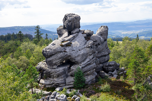 Hanging rocks in the mountains, tourist place in Szczelinec, Poland