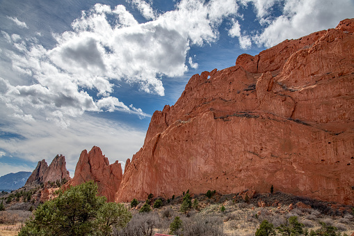 Massive, tall red and white sandstone rock formations in the Garden of the Gods of Colorado Springs, Colorado in western USA of North America.