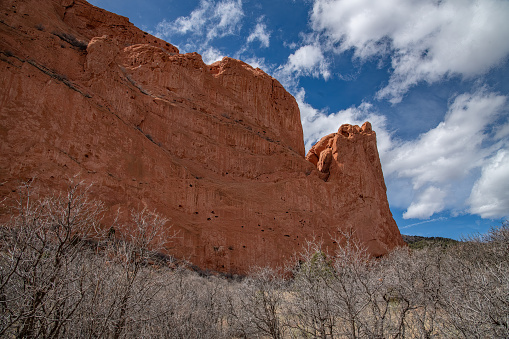 Massive, tall red and white sandstone rock formations in the Garden of the Gods of Colorado Springs, Colorado in western USA of North America.