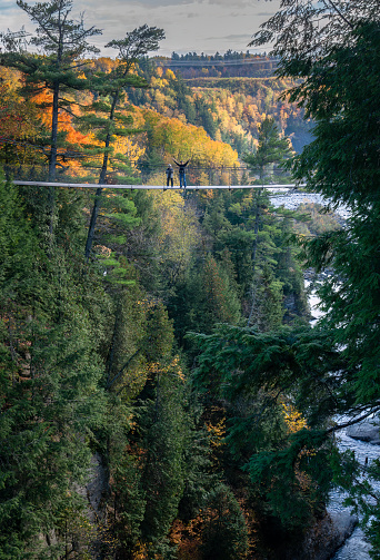 Tourists standing on one of two suspension bridges spanning the depths of the Canyon Sainte-Anne. Quebec. Canada. Vertical format.