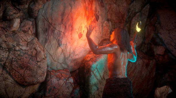 Prehistoric stone age Neanderthal man draws rock art 3d render