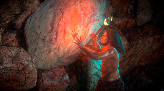 Prehistoric stone age Neanderthal man draws rock art 3d render
