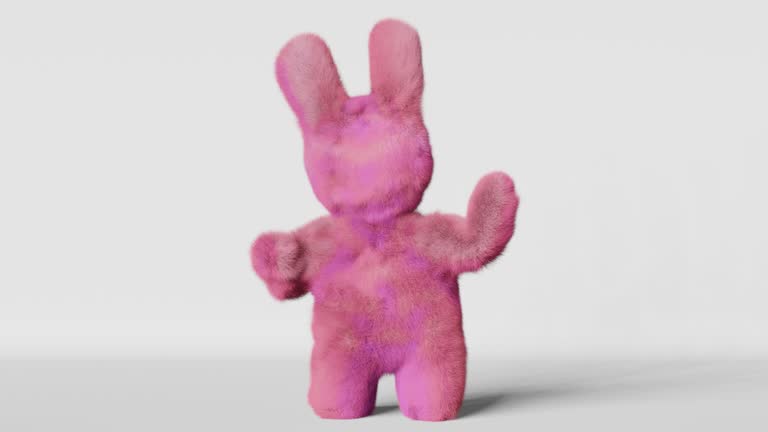 Cute plush pink Easter bunny white background greeting card 3d animation 4K Purple furry rabbit contemporary creative style. Kids birthday party invitation design Social media spring content template.