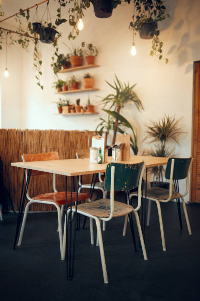 istock Cafe, empty space or restaurant design interior with modern table, plant and chairs during the day. Luxury, open space or coffee shop with furniture for fine dinning, lunch or coffee break with decor 1473810031