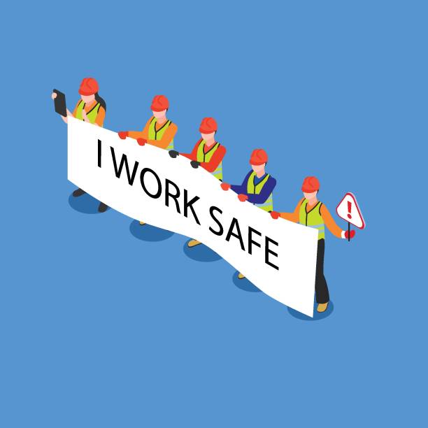 workers wearing personal protective equipment with I work safe poster workers wearing personal protective equipment with I work safe poster 3d isometric vector illustration concept for banner, website, landing page, ads, flyer template safety first stock illustrations