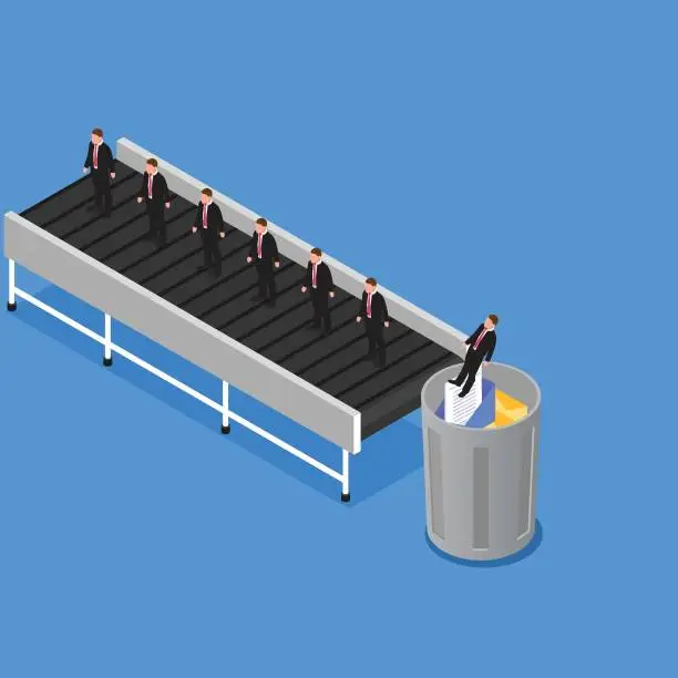 Vector illustration of Conveyor with employees falling into the bin 3d isometric