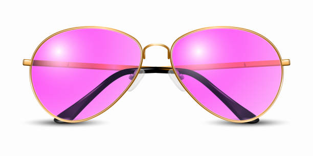istock Vector 3d Realistic Modern Unisex Frame Glasses. Golden Color Frame. Purple and Pink Transparent Sunglasses for Women and Men, Accessory. Optics, Lens, Vintage, Trendy Glasses. Front View 1473810580