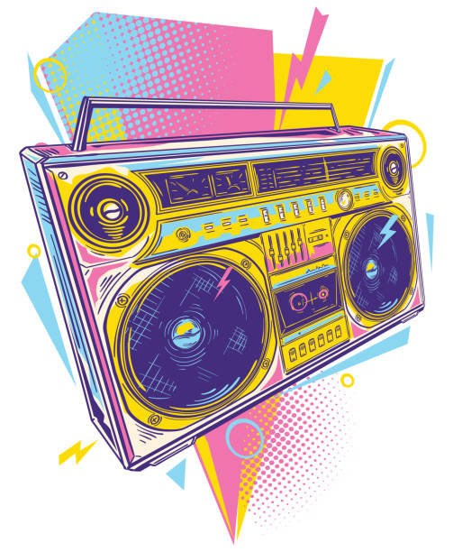 istock Music design - colorful drawn boom box tape recorder 1473811818