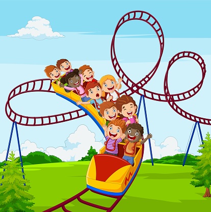 Illustration of Cartoon little kid play in roller coaster