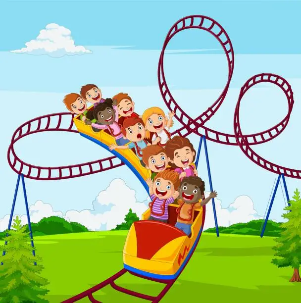 Vector illustration of Cartoon little kid play in roller coaster