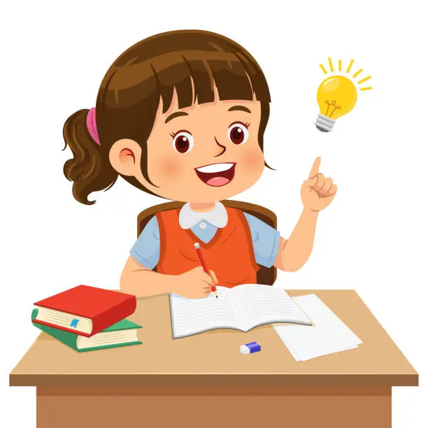 Vector illustration of Cute little girl sitting at the desk doing his homework and having good idea for answers. Vector illustration