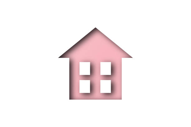 istock Pink paper cut out house shape isolated on white background. 1473818162