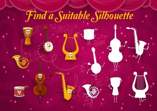 Vector illustration of Find the suitable silhouette of musical instrument