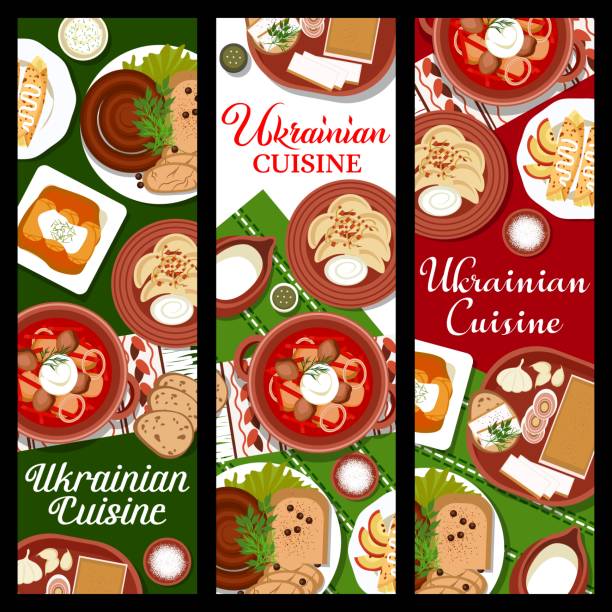 illustrations, cliparts, dessins animés et icônes de bannières de repas de cuisine ukrainienne, plats traditionnels - fatback