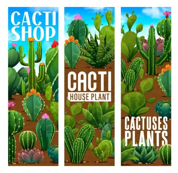 Vector illustration of Mexican prickly cactus succulents vertical banners