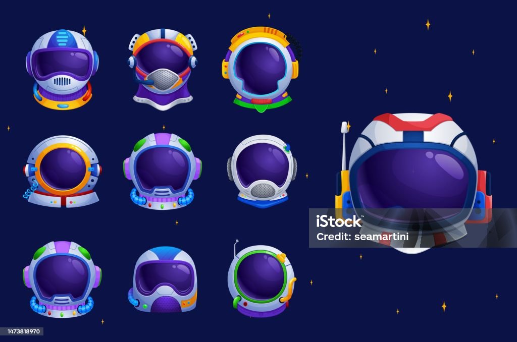 Astronaut Space Helmet Isolated Cartoon Vector Set Stock Illustration ...
