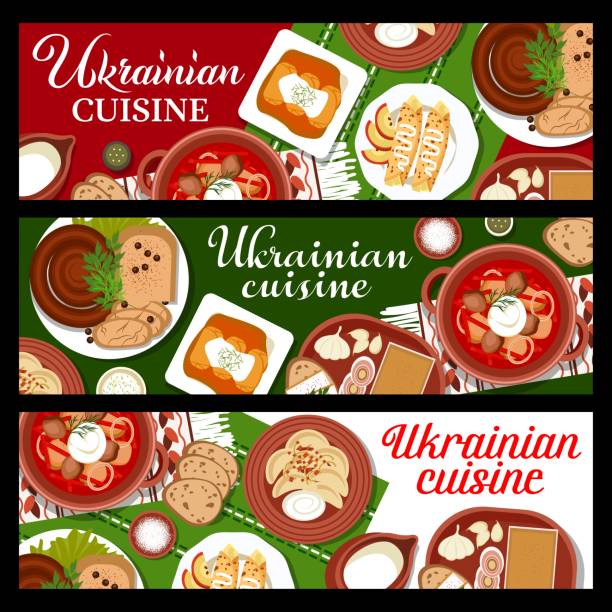 illustrazioni stock, clip art, cartoni animati e icone di tendenza di striscioni dei pasti della cucina ucraina, cibo tradizionale - fatback