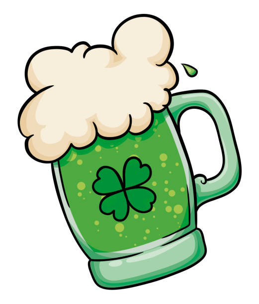 ilustrações, clipart, desenhos animados e ícones de caneca inclinada com trevo para folhas, cerveja verde e espuma, ilustração vetorial - alcohol drop cartoon cheerful