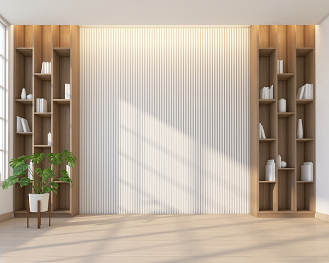 Minimalism empty room with wood bookshelf and white slatted wall. 3d rendering