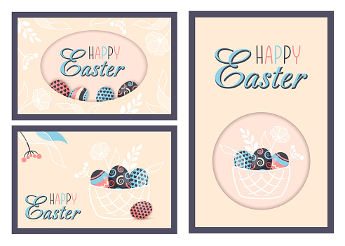 Set of Happy Easter greeting card. Collection of vertical and horizonal template with festive dyed eggs. Holiday seasonal religious symbol with hand draw ornaments. Vector flat illustration