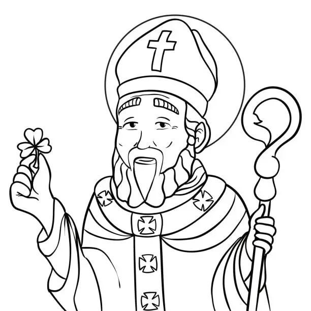 Vector illustration of Portrait in outlines of Saint Patrick with crosier and shamrock, Vector illustration
