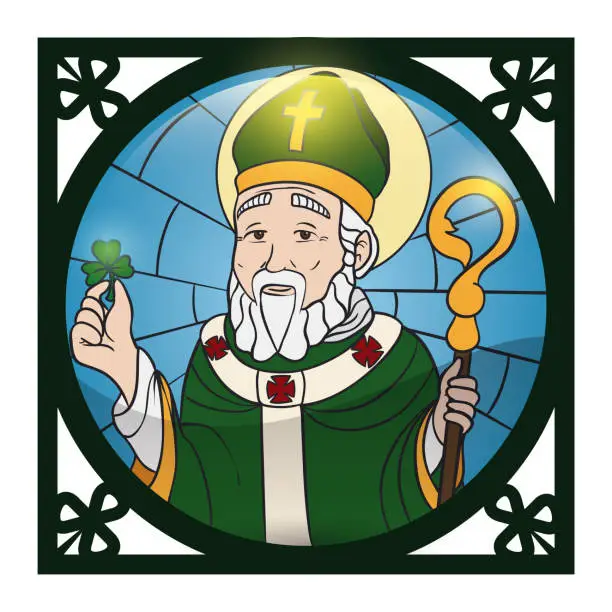 Vector illustration of Squared frame and button like a Saint Patrick portrait in stained glass, Vector illustration