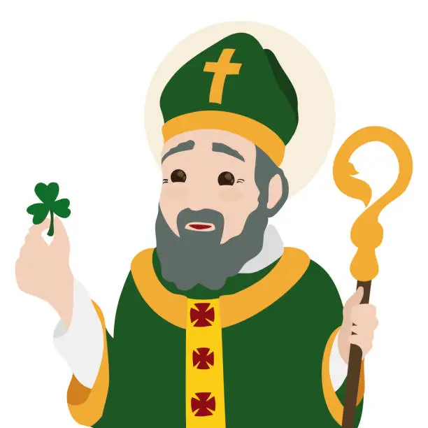 Vector illustration of Saint Patrick's portrait with shamrock in flat style, Vector illustration