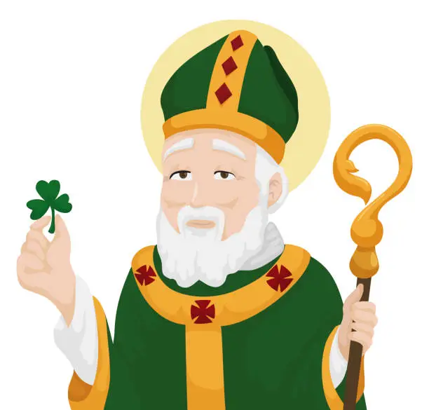 Vector illustration of Saint Patrick's portrait in cartoon style over white background, Vector illustration