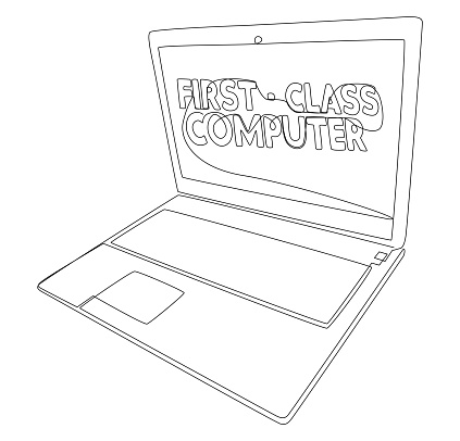 One continuous line of Laptop with First-Class Computer word. Thin Line Illustration vector concept. Contour Drawing Creative ideas.