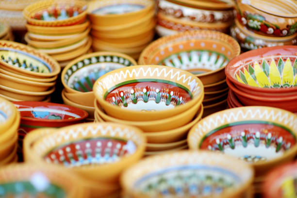 Ceramic dishes, tableware and jugs sold on Easter market in Vilnius. Lithuanian capital's annual traditional crafts fair is held every March on Old Town streets.