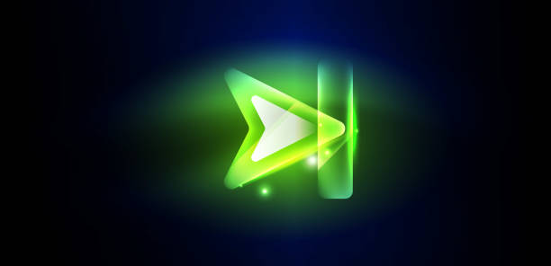 istock Neon speed arrow and line shapes background. Hi-tech concept with shiny backdrop. Bright flare light effect in the dark 1473827833