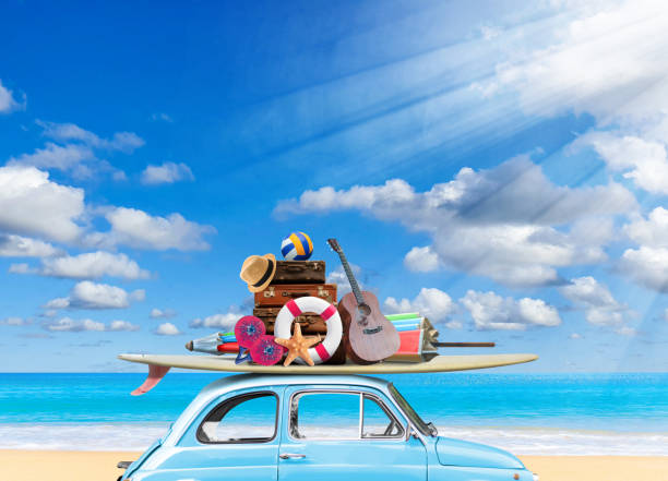 istock Vintage blue car with Surfboard and beach stuff on beach in sunny 1473830413