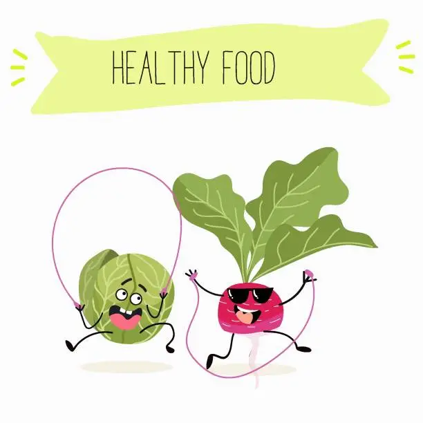 Vector illustration of Illustration with funny characters cabbage, brussels, sprouts, radish   Funny and healthy food. Vitamins, cute face food, ingredients, vegetarian, vector cartoon, agriculture, raw.