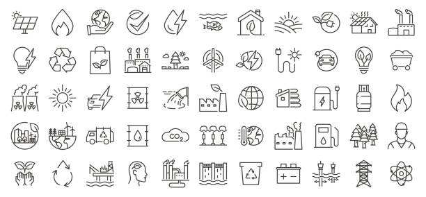 Set of 55 thin line vector icons related with energy sources and the environment. Linear stroke outline illustrations for renewable green energies and some fossil fuel energy sources Vector eps10 machine-shop-logo stock illustrations