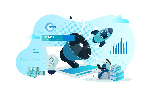 Business goals, active employees, social media marketing stock illustration