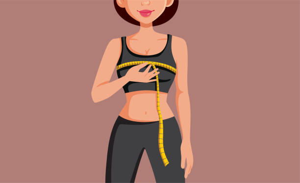 frau misst ihre brust mit einem weichen linealband - tape measure slim women dieting stock-grafiken, -clipart, -cartoons und -symbole