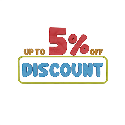 DISCOUNT Up to 5% off banner in plasticine, polymer clay, clay doh, play doh texture sign symbol on white background.
