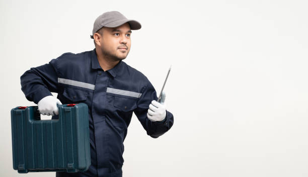 istock Technician workers in uniform maintenance service with equipment tools box. Profession of service industry house repair. Home services isolated background. 1473839436