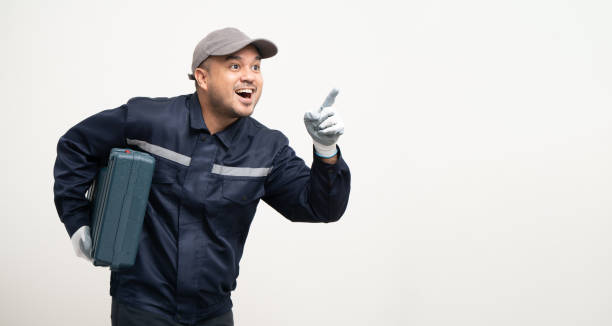 istock Technician workers in uniform maintenance service with equipment tools box. Profession of service industry house repair. Home services isolated background. 1473840026