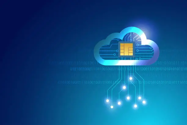 Vector illustration of Microchip on cloud computing server online connect to circuit. Digital cloud storage service with data transmission, network connecting technology. Innovative business and intelligence technology.