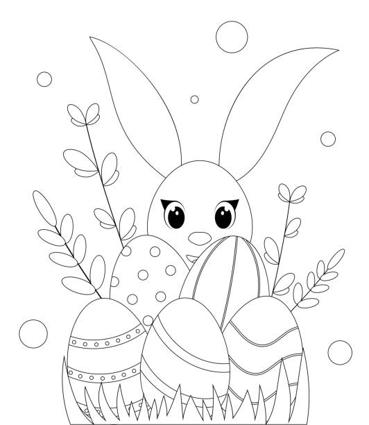 부활제 토끼, 에그스 - easter egg paint black and white drawing stock illustrations