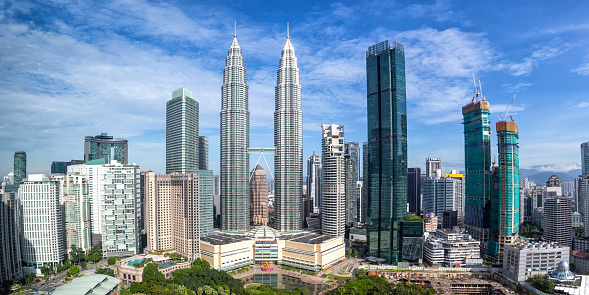 Petronas Twin Towers skyscrapers KLCC skyline landmark panorama in Kuala Lumpur Malaysia