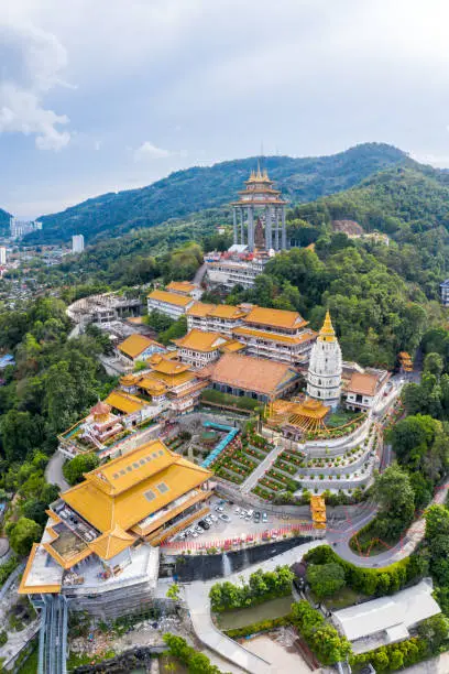 Kek Lok Si Temple aerial view photo portrait format on Penang island in Malaysia