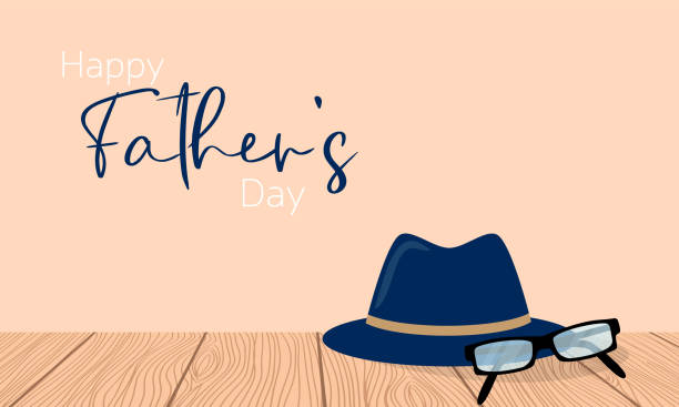 A blue hat and glasses on a wooden table with the text happy fathers day. A blue hat and glasses on a wooden table with the text happy fathers day. funny fathers day stock illustrations