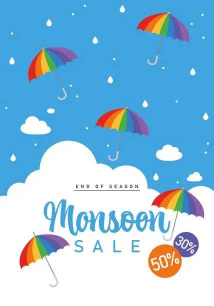 Vector illustration of Monsoon sale background with sky and colorful rainbow umbrellas. Sky with clouds, stars. White and blue background. Romantic kawaii design. Cute sky graphic. Cloudscape