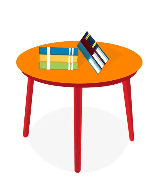 Vector illustration of A colorful wooden table and a set of books are kept on the round table. Interior home decor, wood furniture. Vector of stylish circle three legs table, stool for home, and books on the study table