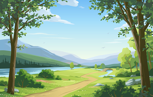 Idyllic landscape with a footpath, a river, a small bridge, trees, bushes, hills, mountains and green meadows under a blue cloudy sky. Vector illustration with space for text.