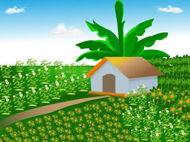 Vector illustration of Vector of beautiful village, cloudy blue sky, home and green plants. Illustration of home gardening, flower garden beside house, hut with a banana tree. The lands of the green flower gardens, trees and sky